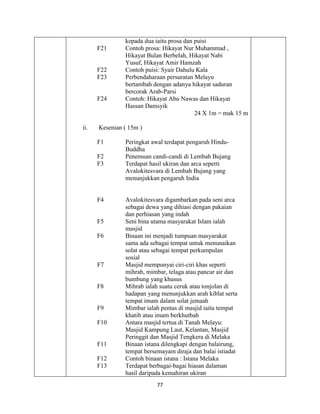 77
kepada dua iaitu prosa dan puisi
F21 Contoh prosa: Hikayat Nur Muhammad ,
Hikayat Bulan Berbelah, Hikayat Nabi
Yusuf, Hikayat Amir Hamzah
F22 Contoh puisi: Syair Dahulu Kala
F23 Perbendaharaan persuratan Melayu
bertambah dengan adanya hikayat saduran
bercorak Arab-Parsi
F24 Contoh: Hikayat Abu Nawas dan Hikayat
Hassan Damsyik
24 X 1m = mak 15 m
ii. Kesenian ( 15m )
F1 Peringkat awal terdapat pengaruh Hindu-
Buddha
F2 Penemuan candi-candi di Lembah Bujang
F3 Terdapat hasil ukiran dan arca seperti
Avalokitesvara di Lembah Bujang yang
menunjukkan pengaruh India
F4 Avalokitesvara digambarkan pada seni arca
sebagai dewa yang dihiasi dengan pakaian
dan perhiasan yang indah
F5 Seni bina utama masyarakat Islam ialah
masjid
F6 Binaan ini menjadi tumpuan masyarakat
sama ada sebagai tempat untuk menunaikan
solat atau sebagai tempat perkumpulan
sosial
F7 Masjid mempunyai ciri-ciri khas seperti
mihrab, mimbar, telaga atau pancur air dan
bumbung yang khusus
F8 Mihrab ialah suatu ceruk atau tonjolan di
hadapan yang menunjukkan arah kiblat serta
tempat imam dalam solat jemaah
F9 Mimbar ialah pentas di masjid iaitu tempat
khatib atau imam berkhutbah
F10 Antara masjid tertua di Tanah Melayu:
Masjid Kampung Laut, Kelantan, Masjid
Peringgit dan Masjid Tengkera di Melaka
F11 Binaan istana dilengkapi dengan balairung,
tempat bersemayam diraja dan balai istiadat
F12 Contoh binaan istana : Istana Melaka
F13 Terdapat berbagai-bagai hiasan dalaman
hasil daripada kemahiran ukiran
 