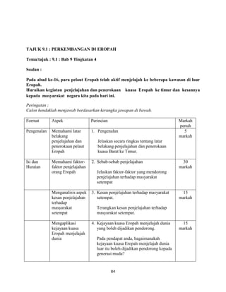 84
TAJUK 9.1 : PERKEMBANGAN DI EROPAH
Tema/tajuk : 9.1 : Bab 9 Tingkatan 4
Soalan :
Pada abad ke-16, para pelaut Eropah telah aktif menjelajah ke beberapa kawasan di luar
Eropah.
Huraikan kegiatan penjelajahan dan penerokaan kuasa Eropah ke timur dan kesannya
kepada masyarakat negara kita pada hari ini.
Peringatan ;
Calon hendaklah menjawab berdasarkan kerangka jawapan di bawah.
Format Aspek Perincian Markah
penuh
Pengenalan Memahami latar
belakang
penjelajahan dan
penerokaan pelaut
Eropah
1. Pengenalan
Jelaskan secara ringkas tentang latar
belakang penjelajahan dan penerokaan
kuasa Barat ke Timur.
5
markah
Isi dan
Huraian
Memahami faktor-
faktor penjelajahan
orang Eropah
2. Sebab-sebab penjelajahan
Jelaskan faktor-faktor yang mendorong
penjelajahan terhadap masyarakat
setempat
30
markah
Menganalisis aspek
kesan penjelajahan
terhadap
masyarakat
setempat
3. Kesan penjelajahan terhadap masyarakat
setempat.
Terangkan kesan penjelajahan terhadap
masyarakat setempat.
15
markah
Mengaplikasi
kejayaan kuasa
Eropah menjelajah
dunia
4. Kejayaan kuasa Eropah menjelajah dunia
yang boleh dijadikan pendorong.
Pada pendapat anda, bagaimanakah
kejayaan kuasa Eropah menjelajah dunia
luar itu boleh dijadikan pendorong kepada
generasi muda?
15
markah
 