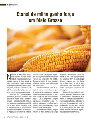 REVISTA CANAMIX | ABRIL | 201544
Etanol de milho ganha força
em Mato Grosso
N
o Estado de Mato Grosso, produ-
tores rurais têm discutido a viabi-
lidade da implantação de mini usi-
nas para produção de etanol a partir do
milho, a partir de um modelo de negócio
apresentado pela empresa Usinas Sociais
Inteligentes Destilarias Sustentáveis S.A.
(USI Biorefinarias). O projeto envolve par-
cerias entre fornecedores e produtores.
De acordo com o presidente da USI
Biorefinarias, Francisco Mallmann, tra-
ta-se de um modelo onde o produtor é
agregado à cadeia do etanol de milho. “É
uma proposta de garantia de sustentabili-
dade de renda”, afirma. O projeto é apoia-
do pelo ex-presidente da Associação dos
Produtores de Soja e Milho de Mato Gros-
so (Aprosoja) e conselheiro da entidade,
Glauber Silveira. “Em algumas regiões,
são poucos produtores e não conseguem
‘bancar’ uma usina de R$ 400 milhões.
Essa opção de usina de menor porte per-
mite criar um negócio de âmbito regio-
nal”, disse Silveira.
O modelo contempla, além da as-
sistência no gerenciamento e na par-
te técnica, a comercialização e logística
do produto final com a parceria da CHS,
maior cooperativa agrícola norte-ameri-
cana. “A CHS se compromete a comprar
a produção e comercializar, e isso é im-
portante, pois somos agricultores e pre-
cisamos desse know-how para os outros
elos da cadeia”, afirma Silveira.
O representante da CHS, Clayton
Anselmo de Mello, afirma que esse tipo
de negócio já é sucesso nos Estados Uni-
dos há 15 anos. “Nós nos compromete-
mos a comprar 100% da produção por
dez anos e revender com o que chama-
mos de ‘livro aberto’, ou seja, o nosso
cliente decide junto conosco pra quem
vender, quando vender e por quanto ven-
der”, explica.
Glauber Silveira ressalta, no entan-
to, que os produtores rurais precisam ava-
liar a viabilidade dos investimentos. “Acre-
ditamos no potencial do etanol do milho e
trouxemos alternativas que podem abrir os
horizontes. Não se trata de aval a esta ou
outra empresa, mas sim de um intercâm-
bio de informações que pode ajudar o pro-
dutor a tomar decisões no seu negócio”,
finaliza o conselheiro da Aprosoja.
Arquivo
Biocombustível
 