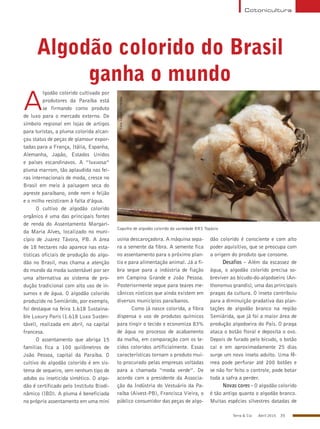 Terra & Cia Abril 2015 35
Cotonicultura
Algodão colorido do Brasil
ganha o mundo
A
lgodão colorido cultivado por
produtores da Paraíba está
se firmando como produto
de luxo para o mercado externo. De
símbolo regional em lojas de artigos
para turistas, a pluma colorida alcan-
çou status de peças de glamour expor-
tadas para a França, Itália, Espanha,
Alemanha, Japão, Estados Unidos
e países escandinavos. A “luxuosa”
pluma marrom, tão aplaudida nas fei-
ras internacionais de moda, cresce no
Brasil em meio à paisagem seca do
agreste paraibano, onde nem o feijão
e o milho resistiram à falta d’água.
O cultivo de algodão colorido
orgânico é uma das principais fontes
de renda do Assentamento Margari-
da Maria Alves, localizado no muni-
cípio de Juarez Távora, PB. A área
de 18 hectares não aparece nas esta-
tísticas oficiais de produção do algo-
dão no Brasil, mas chama a atenção
do mundo da moda sustentável por ser
uma alternativa ao sistema de pro-
dução tradicional com alto uso de in-
sumos e de água. O algodão colorido
produzido no Semiárido, por exemplo,
foi destaque na feira 1.618 Sustaina-
ble Luxury Paris (1.618 Luxo Susten-
tável), realizada em abril, na capital
francesa.
O assentamento que abriga 15
famílias fica a 100 quilômetros de
João Pessoa, capital da Paraíba. O
cultivo do algodão colorido é em sis-
tema de sequeiro, sem nenhum tipo de
adubo ou inseticida sintético. O algo-
dão é certificado pelo Instituto Biodi-
nâmico (IBD). A pluma é beneficiada
no próprio assentamento em uma mini
usina descaroçadora. A máquina sepa-
ra a semente da fibra. A semente fica
no assentamento para o próximo plan-
tio e para alimentação animal. Já a fi-
bra segue para a indústria de fiação
em Campina Grande e João Pessoa.
Posteriormente segue para teares me-
cânicos rústicos que ainda existem em
diversos municípios paraibanos.
Como já nasce colorida, a fibra
dispensa o uso de produtos químicos
para tingir o tecido e economiza 83%
de água no processo de acabamento
da malha, em comparação com os te-
cidos coloridos artificialmente. Essas
características tornam o produto mui-
to procurado pelas empresas voltadas
para a chamada “moda verde”. De
acordo com a presidente da Associa-
ção da Indústria do Vestuário da Pa-
raíba (Aivest-PB), Francisca Vieira, o
público consumidor das peças de algo-
dão colorido é consciente e com alto
poder aquisitivo, que se preocupa com
a origem do produto que consome.
Desafios - Além da escassez de
água, o algodão colorido precisa so-
breviver ao bicudo-do-algodoeiro (An-
thonomus grandis), uma das principais
pragas da cultura. O inseto contribuiu
para a diminuição gradativa das plan-
tações de algodão branco na região
Semiárida, que já foi a maior área de
produção algodoeira do País. O praga
ataca o botão floral e deposita o ovo.
Depois de furado pelo bicudo, o botão
cai e em aproximadamente 25 dias
surge um novo inseto adulto. Uma fê-
mea pode perfurar até 200 botões e
se não for feito o controle, pode botar
toda a safra a perder.
Novas cores - O algodão colorido
é tão antigo quanto o algodão branco.
Muitas espécies silvestres datadas de
Capulho de algodão colorido da variedade BRS Topázio
EdnaSantos/Embrapa
 