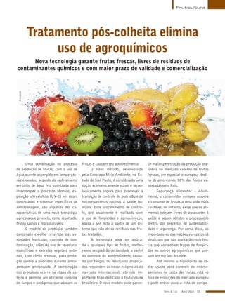 Terra & Cia Abril 2015 55
Fruticultura
Tratamento pós-colheita elimina
uso de agroquímicos
Nova tecnologia garante frutas frescas, livres de resíduos de
contaminantes químicos e com maior prazo de validade e comercialização
Uma combinação no processo
de produção de frutas, com o uso de
água quente aspergida em temperatu-
ras elevadas, seguido do resfriamento
em jatos de água fria ozonizada para
interromper o processo térmico, ex-
posição ultravioleta (UV-C) em doses
controladas e sistemas específicos de
armazenagem, são algumas das ca-
racterísticas de uma nova tecnologia
agrícola que promete, como resultado,
frutos sadios e mais duráveis.
O modelo de produção também
contempla escolha criteriosa das va-
riedades frutícolas, controle de con-
taminação, além do uso de leveduras
específicas e extratos vegetais natu-
rais, com efeito residual, para prote-
ção contra a podridão durante arma-
zenagem prolongada. A combinação
dos processos ocorre na etapa de es-
teira e permite um eficiente controle
de fungos e patógenos que atacam as
frutas e causam seu apodrecimento.
O novo método, desenvolvido
pela Embrapa Meio Ambiente, no Es-
tado de São Paulo, é considerado uma
opção economicamente viável e tecno-
logicamente segura para promover a
transição de controle da podridão e de
microrganismos nocivos à saúde hu-
mana. Este procedimento de contro-
le, que atualmente é realizado com
o uso de fungicidas e agroquímicos,
passa a ser feito a partir de um sis-
tema que não deixa resíduos nas fru-
tas tratadas.
A tecnologia pode ser aplica-
da a qualquer tipo de frutas, melho-
rando seu padrão de sanidade a partir
do controle do apodrecimento causa-
do por fungos. Os resultados alcança-
dos respondem às novas exigências do
mercado internacional, abrindo im-
portante filão dedicado à fruticultura
brasileira. O novo modelo pode garan-
tir maior penetração da produção bra-
sileira no mercado externo de frutas
frescas, em especial o europeu, desti-
no de pelo menos 70% das frutas ex-
portadas pelo País.
Segurança alimentar - Atual-
mente, o consumidor europeu associa
o consumo de frutas a uma vida mais
saudável, no entanto, exige que os ali-
mentos estejam livres de agravantes à
saúde e sejam obtidos e processados
dentro dos preceitos de sustentabili-
dade e segurança. Por conta disso, os
importadores das nações europeias já
sinalizam que não aceitarão mais fru-
tas que contenham traços de fungici-
das ou outros agroquímicos que pos-
sam ser nocivos à saúde.
Até mesmo o hipoclorito de só-
dio, usado para controle de micror-
ganismos na casca das frutas, está no
foco de restrições do mercado europeu
e pode entrar para a lista de compo-
Divulgação
 