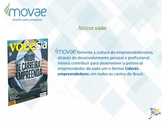 fomenta a cultura do empreendedorismo,
através do desenvolvimento pessoal e profissional.
Iremos contribuir para desenvolver o potencial
empreendedor de cada um e formar Lideres
empreendedores em todos os cantos do Brasil.
Nossa VISÃO
Acolher para prosperar
 