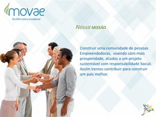 Construir uma comunidade de pessoas
Empreendedoras, vivendo com mais
prosperidade, aliados a um projeto
sustentável com responsabilidade Social.
Assim iremos contribuir para construir
um país melhor.
Nossa MISSÃO
Acolher para prosperar
 