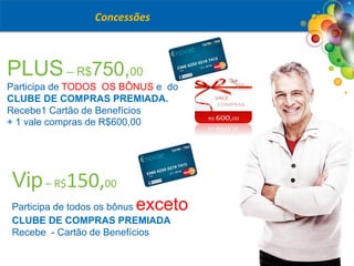 Vip– R$150,00
Participa de todos os bônus exceto
CLUBE DE COMPRAS PREMIADA
Recebe - Cartão de Benefícios
PLUS– R$750,00
Participa de TODOS OS BÔNUS e do
CLUBE DE COMPRAS PREMIADA.
Recebe1 Cartão de Benefícios
+ 1 vale compras de R$600,00
Concessões
 