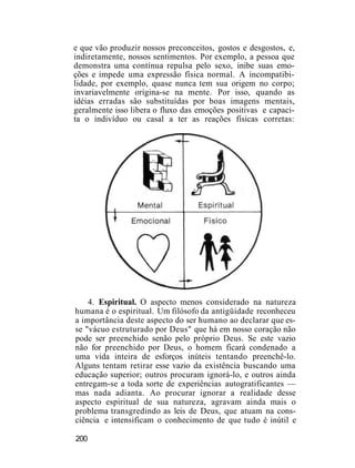 e que vão produzir nossos preconceitos, gostos e desgostos, e,
indiretamente, nossos sentimentos. Por exemplo, a pessoa que
demonstra uma contínua repulsa pelo sexo, inibe suas emo-
ções e impede uma expressão física normal. A incompatibi-
lidade, por exemplo, quase nunca tem sua origem no corpo;
invariavelmente origina-se na mente. Por isso, quando as
idéias erradas são substituídas por boas imagens mentais,
geralmente isso libera o fluxo das emoções positivas e capaci-
ta o indivíduo ou casal a ter as reações físicas corretas:
4. Espiritual. O aspecto menos considerado na natureza
humana é o espiritual. Um filósofo da antigüidade reconheceu
a importância deste aspecto do ser humano ao declarar que es-
se "vácuo estruturado por Deus" que há em nosso coração não
pode ser preenchido senão pelo próprio Deus. Se este vazio
não for preenchido por Deus, o homem ficará condenado a
uma vida inteira de esforços inúteis tentando preenchê-lo.
Alguns tentam retirar esse vazio da existência buscando uma
educação superior; outros procuram ignorá-lo, e outros ainda
entregam-se a toda sorte de experiências autogratificantes —
mas nada adianta. Ao procurar ignorar a realidade desse
aspecto espiritual de sua natureza, agravam ainda mais o
problema transgredindo as leis de Deus, que atuam na cons-
ciência e intensificam o conhecimento de que tudo é inútil e
200
 
