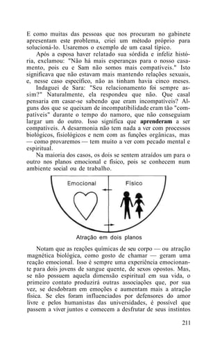 E como muitas das pessoas que nos procuram no gabinete
apresentam este problema, criei um método próprio para
solucioná-lo. Usaremos o exemplo de um casal típico.
Após a esposa haver relatado sua sórdida e infeliz histó-
ria, exclamou: "Não há mais esperanças para o nosso casa-
mento, pois eu e Sam não somos mais compatíveis." Isto
significava que não estavam mais mantendo relações sexuais,
e, nesse caso específico, não as tinham havia cinco meses.
Indaguei de Sara: "Seu relacionamento foi sempre as-
sim?" Naturalmente, ela respondeu que não. Que casal
pensaria em casar-se sabendo que eram incompatíveis? Al-
guns dos que se queixam de incompatibilidade eram tão "com-
patíveis" durante o tempo do namoro, que não conseguiam
largar um do outro. Isso significa que aprenderam a ser
compatíveis. A desarmonia não tem nada a ver com processos
biológicos, fisiológicos e nem com as funções orgânicas, mas
— como provaremos — tem muito a ver com pecado mental e
espiritual.
Na maioria dos casos, os dois se sentem atraídos um para o
outro nos planos emocional e físico, pois se conhecem num
ambiente social ou de trabalho.
Atração em dois planos
Notam que as reações químicas de seu corpo — ou atração
magnética biológica, como gosto de chamar — geram uma
reação emocional. Isso é sempre uma experiência emocionan-
te para dois jovens de sangue quente, de sexos opostos. Mas,
se não possuem aquela dimensão espiritual em sua vida, o
primeiro contato produzirá outras associações que, por sua
vez, se desdobram em emoções e aumentam mais a atração
física. Se eles foram influenciados por defensores do amor
livre e pelos humanistas das universidades, é possível que
passem a viver juntos e comecem a desfrutar de seus instintos
211
 