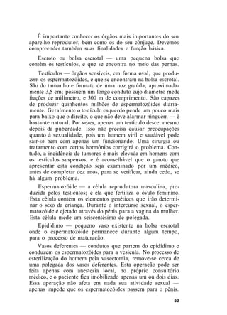 É importante conhecer os órgãos mais importantes do seu
aparelho reprodutor, bem como os do seu cônjuge. Devemos
compreender também suas finalidades e função básica.
Escroto ou bolsa escrotal — uma pequena bolsa que
contém os testículos, e que se encontra no meio das pernas.
Testículos — órgãos sensíveis, em forma oval, que produ-
zem os espermatozóides, e que se encontram na bolsa escrotal.
São do tamanho e formato de uma noz graúda, aproximada-
mente 3,5 cm; possuem um longo conduto cujo diâmetro mede
frações de milímetro, e 300 m de comprimento. São capazes
de produzir quinhentos milhões de espermatozóides diaria-
mente. Geralmente o testículo esquerdo pende um pouco mais
para baixo que o direito, o que não deve alarmar ninguém — é
bastante natural. Por vezes, apenas um testículo desce, mesmo
depois da puberdade. Isso não precisa causar preocupações
quanto à sexualidade, pois um homem viril e saudável pode
sair-se bem com apenas um funcionando. Uma cirurgia ou
tratamento com certos hormônios corrigirá o problema. Con-
tudo, a incidência de tumores é mais elevada em homens com
os testículos suspensos, e é aconselhável que o garoto que
apresentar esta condição seja examinado por um médico,
antes de completar dez anos, para se verificar, ainda cedo, se
há algum problema.
Espermatozóide — a célula reprodutora masculina, pro-
duzida pelos testículos; é ela que fertiliza o óvulo feminino.
Esta célula contém os elementos genéticos que irão determi-
nar o sexo da criança. Durante o intercurso sexual, o esper-
matozóide é ejetado através do pênis para a vagina da mulher.
Esta célula mede um seiscentésimo de polegada.
Epidídimo — pequeno vaso existente na bolsa escrotal
onde o espermatozóide permanece durante algum tempo,
para o processo de maturação.
Vasos deferentes — condutos que partem do epidídimo e
conduzem os espermatozóides para a vesícula. No processo de
esterilização do homem pela vasectomia, remove-se cerca de
uma polegada dos vasos deferentes. Esta operação pode ser
feita apenas com anestesia local, no próprio consultório
médico, e o paciente fica imobilizado apenas um ou dois dias.
Essa operação não afeta em nada sua atividade sexual —
apenas impede que os espermatozóides passem para o pênis.
53
 