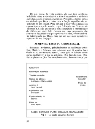 De um ponto de vista prático, ele nao tem nenhuma
influência sobre a reprodução, e não é necessário a nenhuma
outra função do organismo feminino. Portanto, estamos certos
em deduzir que Deus o criou com a função específica de ser
utilizado no ato sexual. Pode ser que a maravilhosa reação da
esposa à presença do amado, e que é descrita em Cantares de
Salomão 5.4, seja exatamente uma referência à manipulação
do clitóris por parte dele. Cremos que essa preparação não
somente é recomendável para pessoas casadas, como também
foi determinada por Deus, para ser um dos mais agradáveis
aspectos do ato conjugai.
AS QUATRO FASES DO ARDOR SEXUAL
Pesquisas modernas, principalmente as realizadas pelos
Drs. Masters e Johnson, nos informam que há quatro fases
distintas no excitamento sexual, tanto para o homem como
para a mulher: (1) a fase do estímulo; (2) a fase do platô; (3) a
fase orgásmica e (4) a fase do relaxamento. Reconhecemos que
Ejaculação
Respiração acelerada
Tensão muscular
Glande do pènis e
testículos intumescidos
Aparece o
rubor sexual
Erguimento dos
testículos
Espessamento do
escroto
Pênis se
torna ereto
FASES: ESTÍMULO
Fig. 3 —
Relaxamento
muscular
Perda da
ereção
PLATÔ, ORGASMO, RELAXAMENTO
A reação sexual do homem
80
 