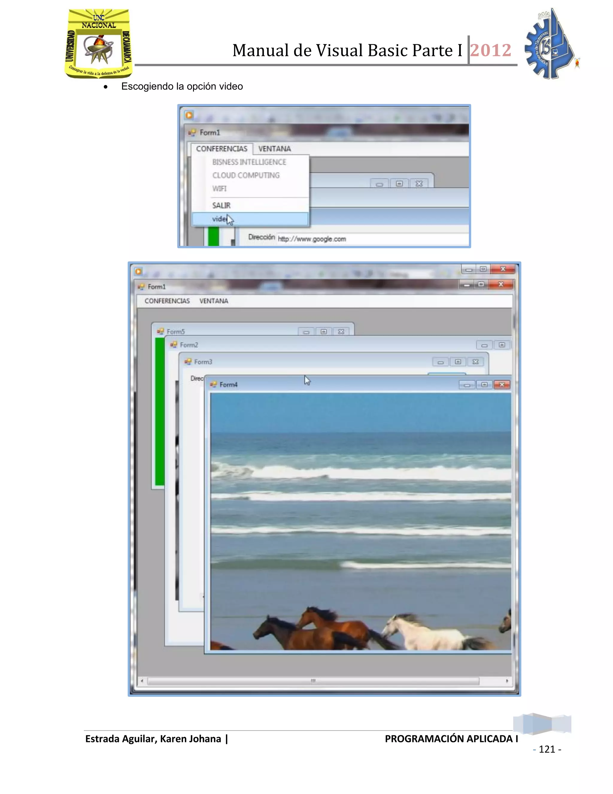 Manual de Visual Basic Parte I 2012
Estrada Aguilar, Karen Johana | PROGRAMACIÓN APLICADA I
- 121 -
 Escogiendo la opción video
 
