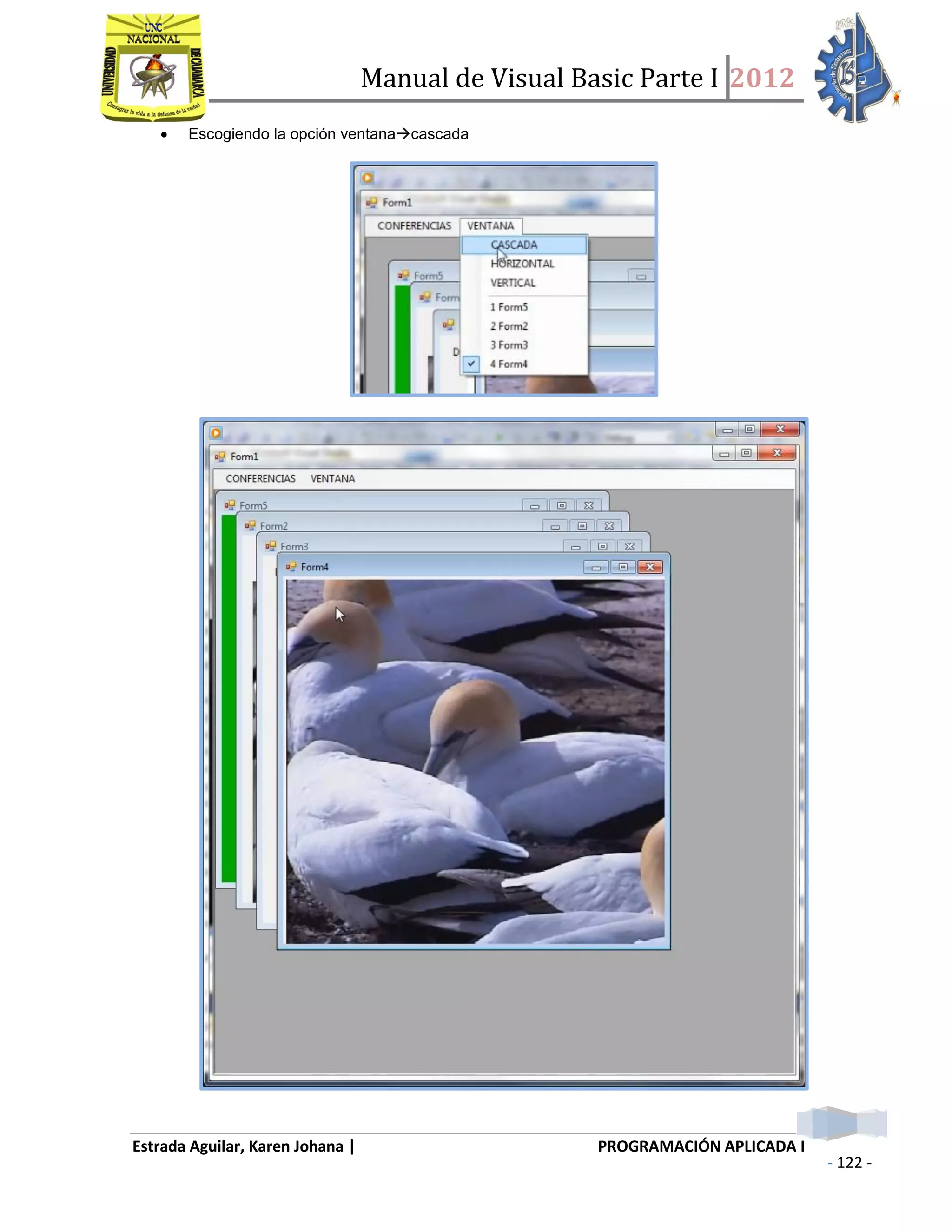 Manual de Visual Basic Parte I 2012
Estrada Aguilar, Karen Johana | PROGRAMACIÓN APLICADA I
- 122 -
 Escogiendo la opción ventanacascada
 