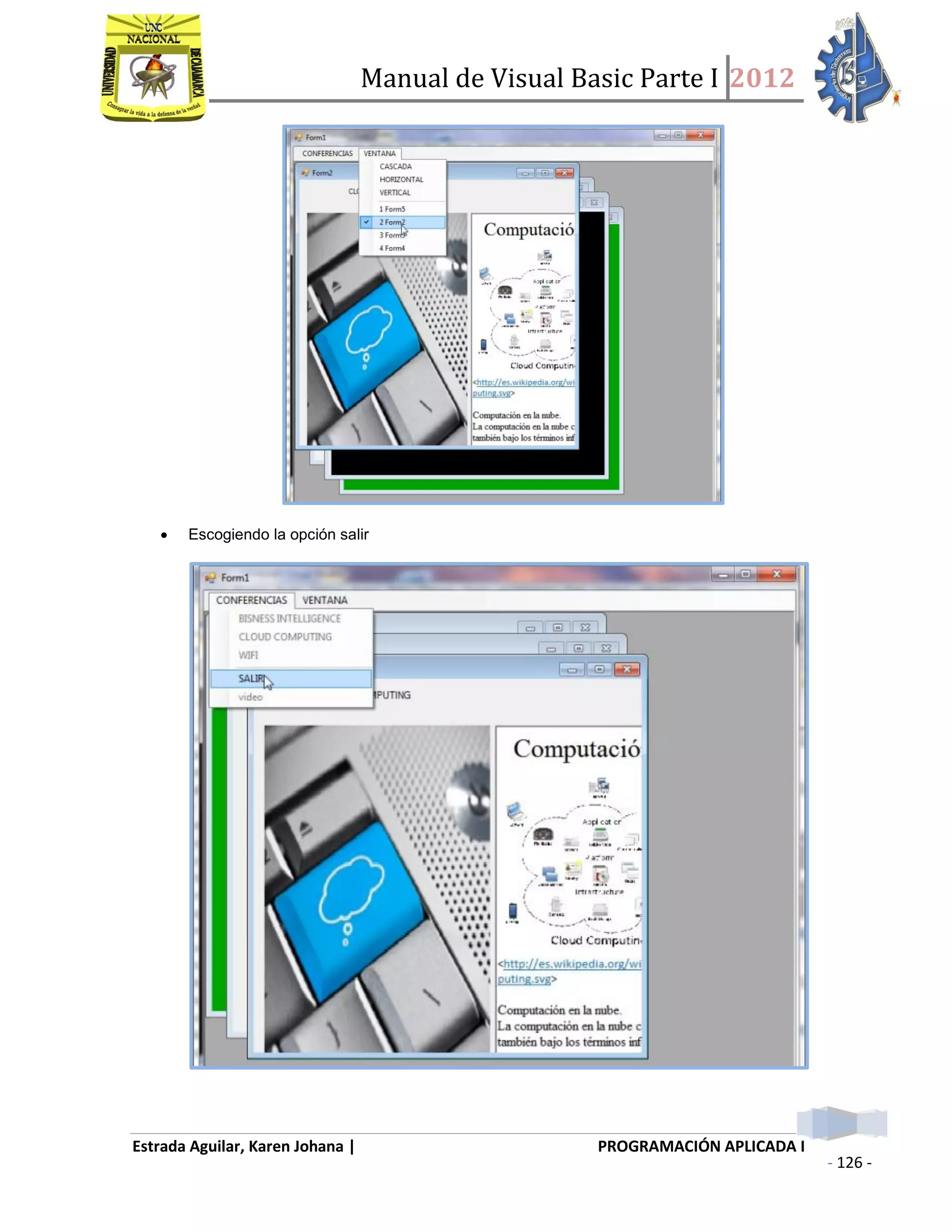 Manual de Visual Basic Parte I 2012
Estrada Aguilar, Karen Johana | PROGRAMACIÓN APLICADA I
- 126 -
 Escogiendo la opción salir
 