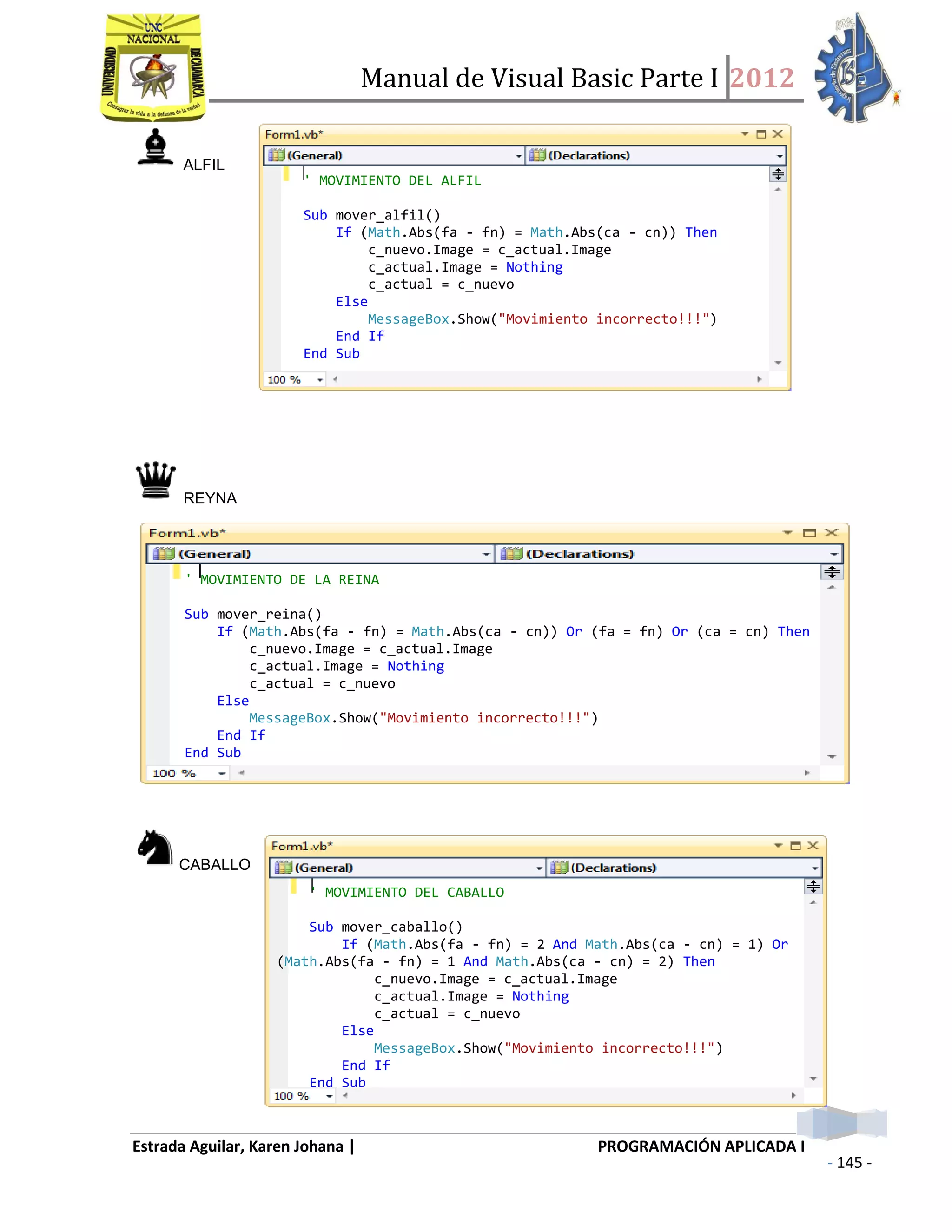 Manual de Visual Basic Parte I 2012
Estrada Aguilar, Karen Johana | PROGRAMACIÓN APLICADA I
- 145 -
ALFIL
REYNA
CABALLO
' MOVIMIENTO DEL ALFIL
Sub mover_alfil()
If (Math.Abs(fa - fn) = Math.Abs(ca - cn)) Then
c_nuevo.Image = c_actual.Image
c_actual.Image = Nothing
c_actual = c_nuevo
Else
MessageBox.Show("Movimiento incorrecto!!!")
End If
End Sub
' MOVIMIENTO DE LA REINA
Sub mover_reina()
If (Math.Abs(fa - fn) = Math.Abs(ca - cn)) Or (fa = fn) Or (ca = cn) Then
c_nuevo.Image = c_actual.Image
c_actual.Image = Nothing
c_actual = c_nuevo
Else
MessageBox.Show("Movimiento incorrecto!!!")
End If
End Sub
' MOVIMIENTO DEL CABALLO
Sub mover_caballo()
If (Math.Abs(fa - fn) = 2 And Math.Abs(ca - cn) = 1) Or
(Math.Abs(fa - fn) = 1 And Math.Abs(ca - cn) = 2) Then
c_nuevo.Image = c_actual.Image
c_actual.Image = Nothing
c_actual = c_nuevo
Else
MessageBox.Show("Movimiento incorrecto!!!")
End If
End Sub
 