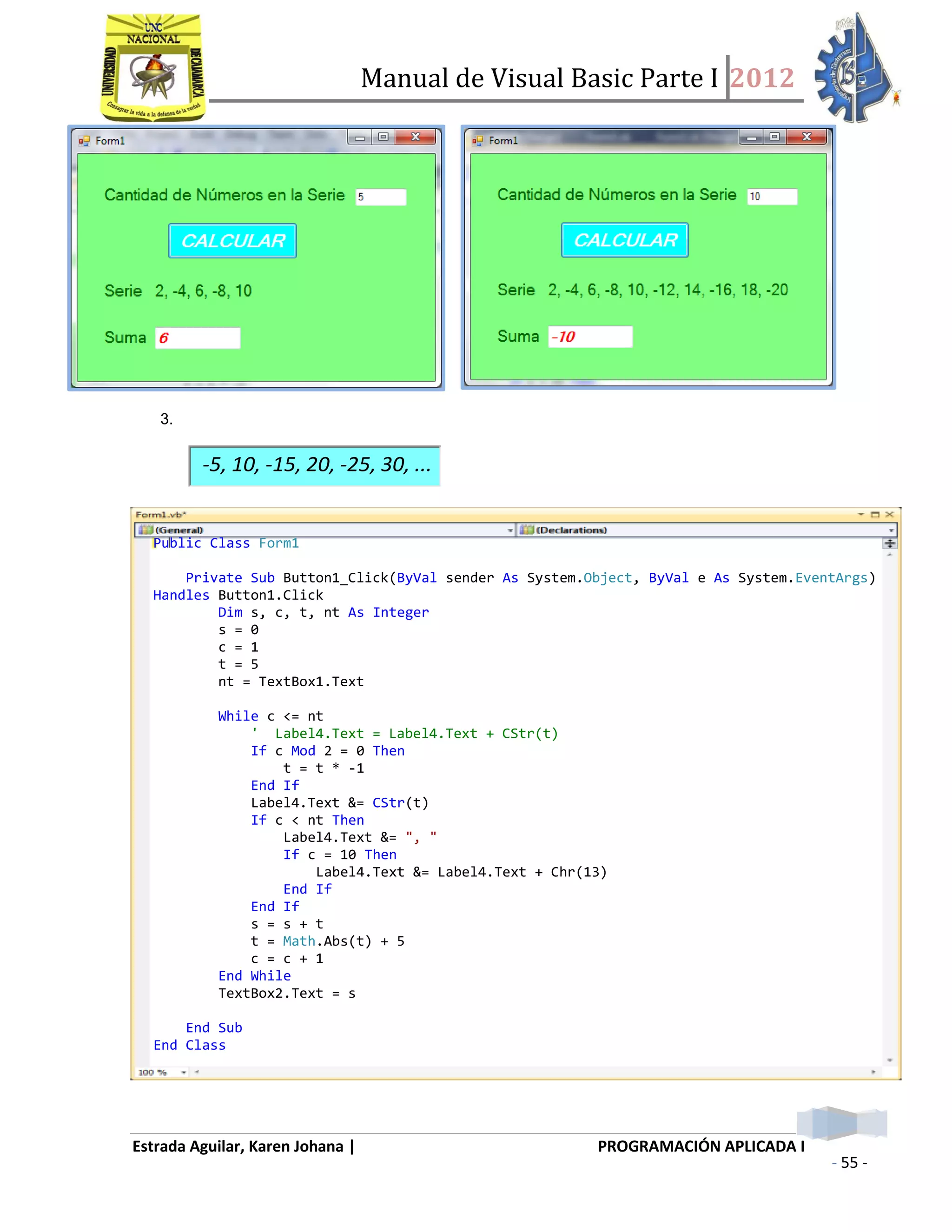 Manual de Visual Basic Parte I 2012
Estrada Aguilar, Karen Johana | PROGRAMACIÓN APLICADA I
- 55 -
3.
-5, 10, -15, 20, -25, 30, ...
Public Class Form1
Private Sub Button1_Click(ByVal sender As System.Object, ByVal e As System.EventArgs)
Handles Button1.Click
Dim s, c, t, nt As Integer
s = 0
c = 1
t = 5
nt = TextBox1.Text
While c <= nt
' Label4.Text = Label4.Text + CStr(t)
If c Mod 2 = 0 Then
t = t * -1
End If
Label4.Text &= CStr(t)
If c < nt Then
Label4.Text &= ", "
If c = 10 Then
Label4.Text &= Label4.Text + Chr(13)
End If
End If
s = s + t
t = Math.Abs(t) + 5
c = c + 1
End While
TextBox2.Text = s
End Sub
End Class
 
