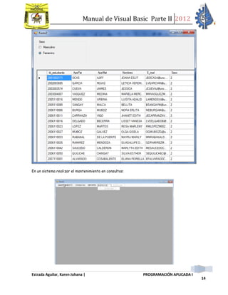 Manual de Visual Basic Parte II 2012
Estrada Aguilar, Karen Johana | PROGRAMACIÓN APLICADA I
14
En un sistema realizar el mantenimiento en consultas:
 