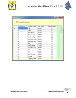 Manual de Visual Basic Parte II 2012
Estrada Aguilar, Karen Johana | PROGRAMACIÓN APLICADA I
31
 