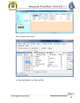 Manual de Visual Basic Parte II 2012
Estrada Aguilar, Karen Johana | PROGRAMACIÓN APLICADA I
64
Ahora creamos la tabla “libros”
LA TABLA EDITORIAL Y LA TABLA AUTOR
 
