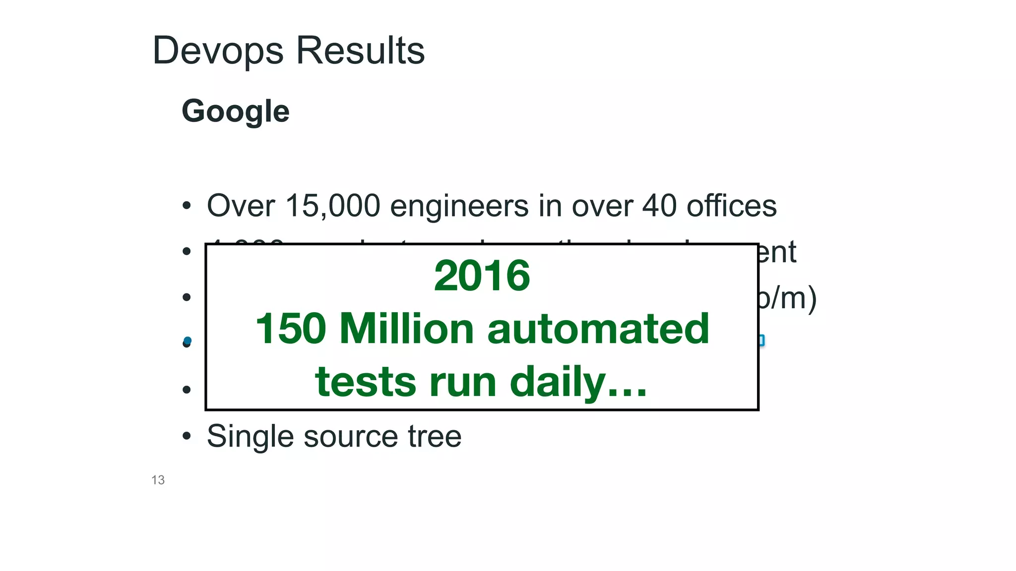 13
Devops Results
Google
• Over 15,000 engineers in over 40 offices
• 4,000+ projects under active development
• 5500+ code submissions per day (20+ p/m)
• Over 75M test cases run daily
• 50% of code changes monthly
• Single source tree
• Over 75M test cases run daily
2016
150 Million automated
tests run daily…
 