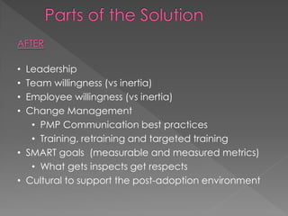 AFTER

• Leadership
• Team willingness (vs inertia)
• Employee willingness (vs inertia)
• Change Management
   • PMP Commu...