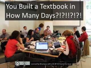 You Built a Textbook in
How Many Days?!?!!?!?!
Licensed by BCcampus with a CC-BY 4.0 license for reuse
 