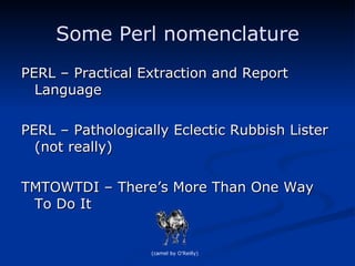 Some Perl nomenclature PERL – Practical Extraction and Report Language PERL – Pathologically Eclectic Rubbish Lister (not really) TMTOWTDI – There’s More Than One Way To Do It (camel by O’Reilly) 