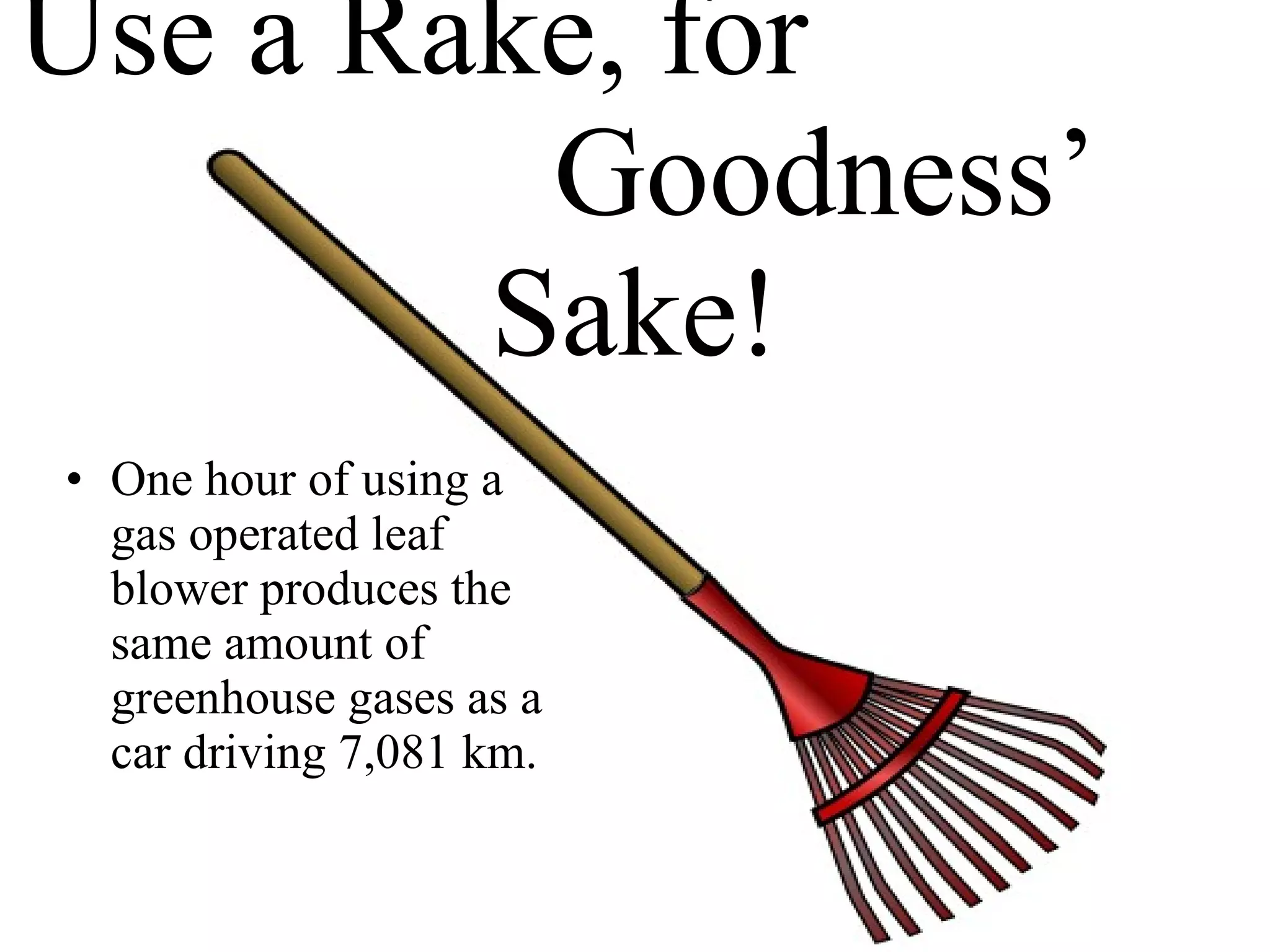 Use a Rake, for  Goodness’ Sake! One hour of using a gas operated leaf blower produces the same amount of greenhouse gases as a car driving 7,081 km. 