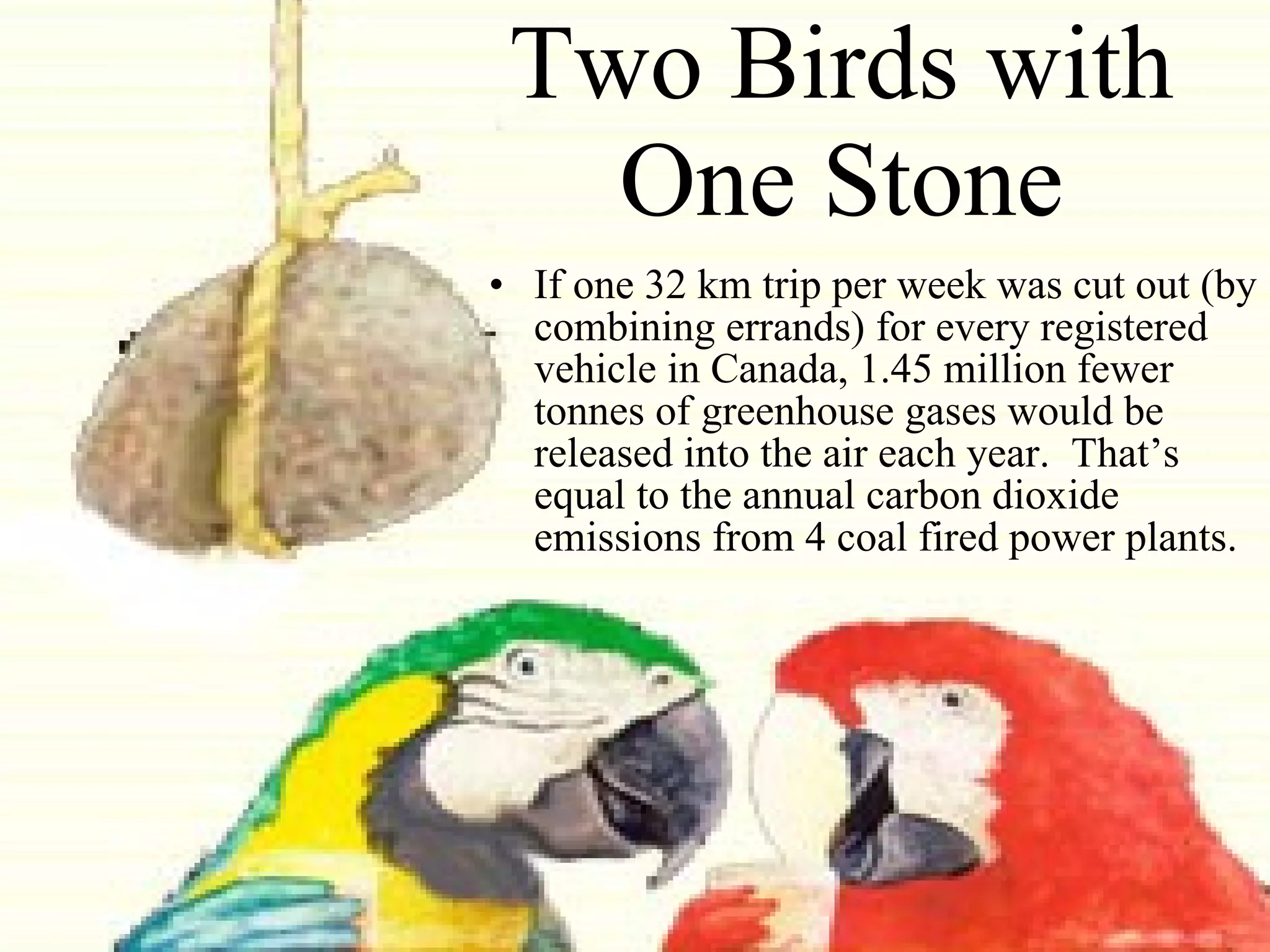 Two Birds with One Stone If one 32 km trip per week was cut out (by combining errands) for every registered vehicle in Canada, 1.45 million fewer tonnes of greenhouse gases would be released into the air each year.  That’s equal to the annual carbon dioxide emissions from 4 coal fired power plants. 