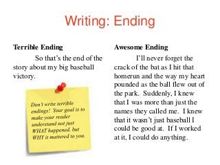Writing: Ending
Terrible Ending
So that’s the end of the
story about my big baseball
victory.
Awesome Ending
I’ll never forget the
crack of the bat as I hit that
homerun and the way my heart
pounded as the ball flew out of
the park. Suddenly, I knew
that I was more than just the
names they called me. I knew
that it wasn’t just baseball I
could be good at. If I worked
at it, I could do anything.
 