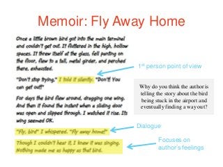 Memoir: Fly Away Home
1st person point of view
Dialogue
Focuses on
author’s feelings
Why do you think the author is
telling the story about the bird
being stuck in the airport and
eventually finding a way out?
 