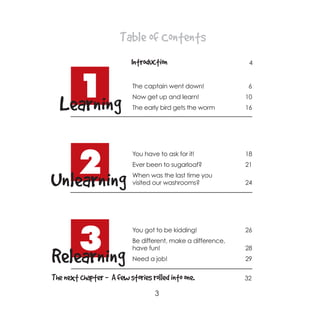 Table of Contents
                           Introduction                        4




    1
  Learning
                           The captain went down!
                           Now get up and learn!
                           The early bird gets the worm
                                                               6
                                                              10
                                                              16




    2
                           You have to ask for it!            18
                           Ever been to sugarloaf?            21


Unlearning                 When was the last time you
                           visited our washrooms?             24




    3
                           You got to be kidding!             26
                           Be different, make a difference,
                           have fun!                          28

Relearning                 Need a job!                        29


The next chapter - A few stories rolled into one.             32

                                   3
 