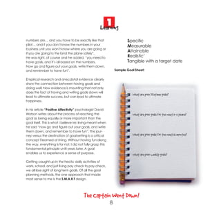 1
                                                     Learning
numbers are… and you have to be exactly like that                       Specific
pilot… and if you don’t know the numbers in your                        Measurable
business unit you won’t know where you are going or
if you are going to the land the plane safely”.
                                                                        Attainable
He was right, of course and he added, “you need to                      Realistic’
have goals, and it’s all based on the numbers.                          Tangible with a target date
Now go and figure out your goals, write them down,
and remember to have fun”.                                       Sample Goal Sheet:

Empirical research and anecdotal evidence clearly
show the connection between having goals and
doing well. Now evidence is mounting that not only
does the fact of having and writing goals down will
lead to ultimate success, but can lead to ultimate
                                                                           What are your lifetime goals?
happiness.

In his article “Positive Affectivity” psychologist David
Watson writes about the process of reaching the                            What are your goals for the next 3-5 years?
goal as being equally or more important than the
goal itself. This is what I believe Mr. Irving meant when
he said “now go and figure out your goals, and write
them down, and remember to have fun”. The jour-
ney versus the destination of goal setting is a critical                   What are your goals for the next 12 months?
concept I learned at Irving. Without having fun along
the way, everything is for not. I did not fully grasp this
fundamental principle until years later. A goal
enables us to experience a sense of purpose.
                                                                           What are your weekly goals?
Getting caught up in the hectic daily activities of
work, school, and just living pay check to pay check,
we all lose sight of long term goals. Of all the goal
planning methods, the one approach that made
most sense to me is the S.M.A.R.T design.




                                         The Captain Went Down!
                                                             8
 