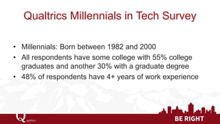 Qualtrics Millennials in Tech Survey 
•Millennials: Born between 1982 and 2000 
•All respondents have some college with 55...