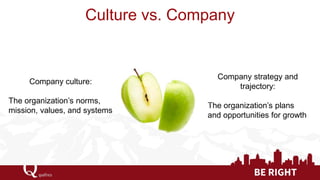 Culture vs. Company 
Company culture: 
The organization’s norms, mission, values, and systems 
Company strategy and trajec...