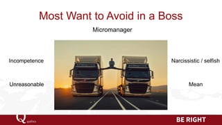 Most Want to Avoid in a Boss 
Micromanager 
Incompetence 
Mean 
Narcissistic / selfish 
Unreasonable  