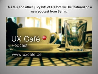 When might personas not be needed? (exceptions which prove the general rule)Project’s success or failure has nothing to do with end-user acceptance – then again, UX is unlikely to be a role in such a projectDesigning for a very small number of easily available users (but don’t make the mistake of thinking you can “just ask them”, cf. distinction between explicit and implicit knowledge)Designing in a small team for exactly the mirror persona (e.g., 37Signals) – that is, when Zombies are a passable match for your end users ;)