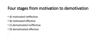 Four stages from motivation to demotivation 
• A) motivated ineffective 
• B) motivated effective 
• C) demotivated ineffective 
• D) demotivated effective 
. 
 
