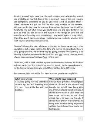 YOU CAN WIN YOUR EX BACK




Remind yourself right now that the real reasons your relationship ended
are probably on your list. Even if this is incorrect - even if the real reasons
are completely unrelated to you or you have failed to pinpoint them -
there's no other way you can find out what they are right at this moment.
All you can do, for now, is to move forward on the basis that it will be
helpful to find out what things you could have said and done better in the
past so that you can do so in the future. If the things on your list did
contribute to harming your relationship, they won't again. If they didn't,
then they won't harm any future relationship you establish, whether it is
with your ex or someone else entirely.

You can't change the past; whatever in the past sent your ex packing is now
completely out of your control. It's done and there's no going back; there's
only going forward and the first step to going forward constructively is to
identify not what happened in the past that you had control over but what
should have happened that you have control over.

To do this, take a fresh piece of a paper and draw two columns. In the first
column, write the first thing from your list into it. In the second column,
write down what you think you should have said or done differently.

For example, let's look at the first item from our previous example list:

 What went wrong                         What should have happened
 I stopped giving her my attention       I should have given her my complete
 months ago and was spending way         devotion. If I was at the bar with my
 too much time at the bar with my        friends she should have been with
 buddies.                                me. If not, it should have been rare. I
                                         should have made it clear that she
                                         was more important to me than
                                         drinks, bars, or even my friends. I
                                         should have shown more interest in
                                         being with her than being anywhere
                                         without her. I should have made her
                                         feel special.


                                                                             7
© Copyright 2010
 