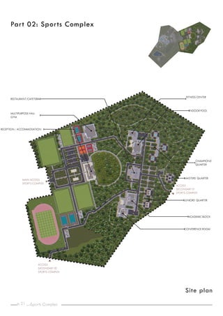 p. _
21
Part 02: Sports Complex
ACCESS
SECONDARY 02
SPORTS COMPLEX
ACCESS
SECONDARY 01
SPORTS COMPLEX
MAIN ACCESS
SPORTS COMPLEX
RESTAURANT/CAFETERIA
MULTIPURPOSE HALL
GYM
RECEPTION / ACCOMMODATION
CONFERENCE ROOM
ACADEMIC BLOCK
JUNIORS’ QUARTER
MASTERS’ QUARTER
CHAMPIONS’
QUARTER
INDOOR POOL
FITNESS CENTER
Sports Complex
Site plan
 
