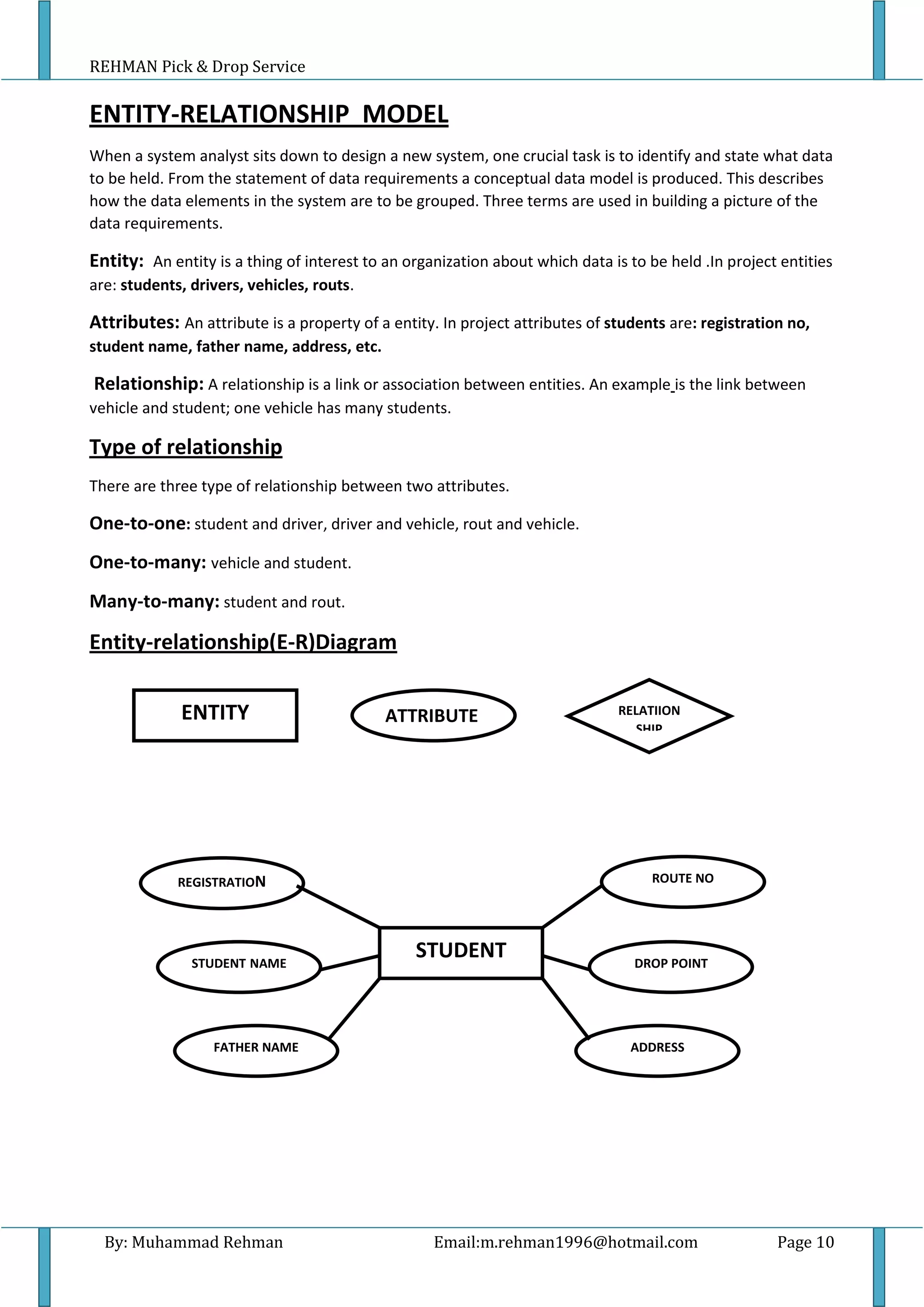 REHMAN Pick & Drop Service
By: Muhammad Rehman Email:m.rehman1996@hotmail.com Page 10
ENTITY-RELATIONSHIP MODEL
When a system analyst sits down to design a new system, one crucial task is to identify and state what data
to be held. From the statement of data requirements a conceptual data model is produced. This describes
how the data elements in the system are to be grouped. Three terms are used in building a picture of the
data requirements.
Entity: An entity is a thing of interest to an organization about which data is to be held .In project entities
are: students, drivers, vehicles, routs.
Attributes: An attribute is a property of a entity. In project attributes of students are: registration no,
student name, father name, address, etc.
Relationship: A relationship is a link or association between entities. An example is the link between
vehicle and student; one vehicle has many students.
Type of relationship
There are three type of relationship between two attributes.
One-to-one: student and driver, driver and vehicle, rout and vehicle.
One-to-many: vehicle and student.
Many-to-many: student and rout.
Entity-relationship(E-R)Diagram
ENTITY ATTRIBUTE
S
RELATIION
SHIP
STUDENT
REGISTRATION
NO
DROP POINT
ADDRESS
STUDENT NAME
FATHER NAME
ROUTE NO
 