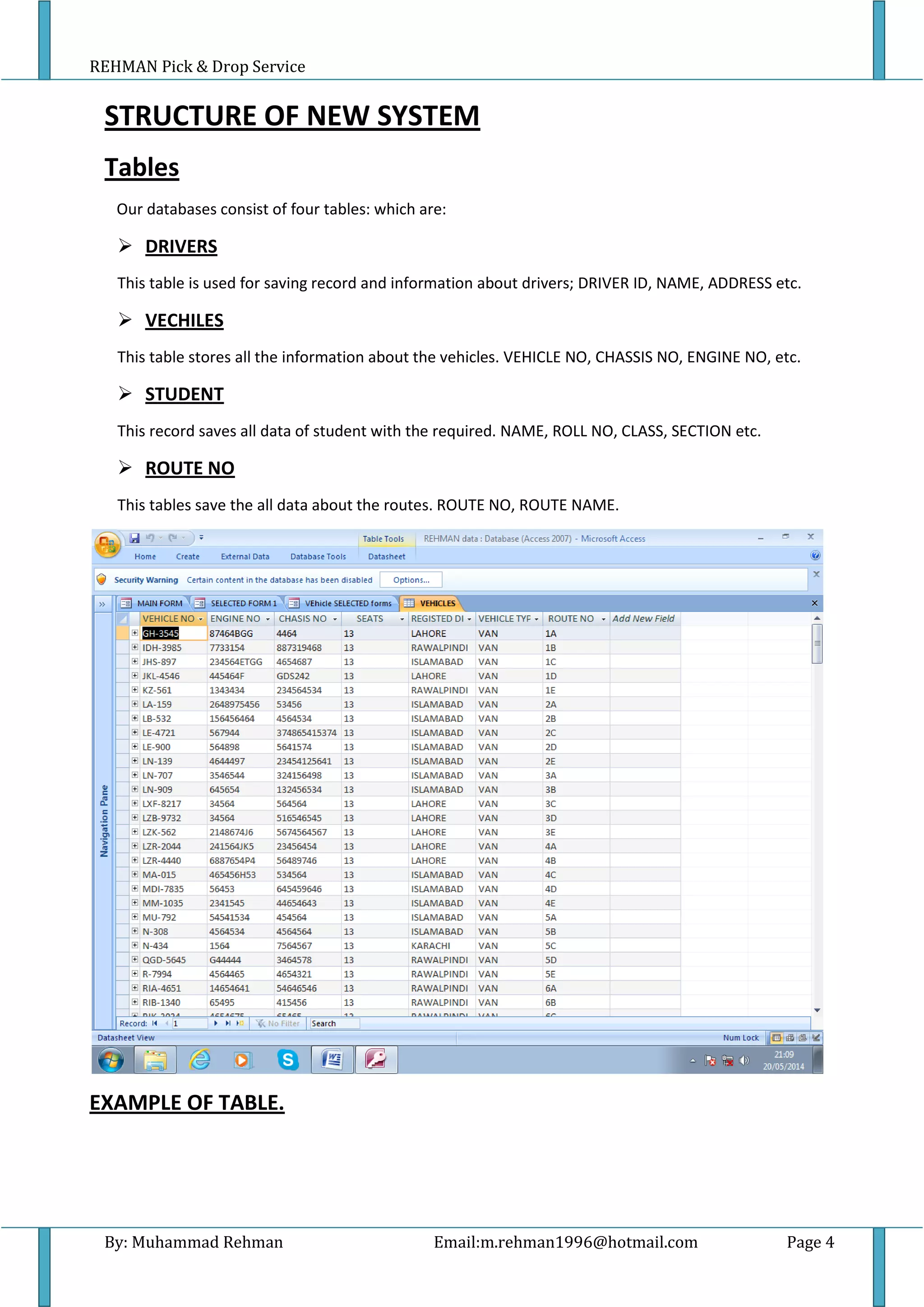 REHMAN Pick & Drop Service
By: Muhammad Rehman Email:m.rehman1996@hotmail.com Page 4
STRUCTURE OF NEW SYSTEM
Tables
Our databases consist of four tables: which are:
 DRIVERS
This table is used for saving record and information about drivers; DRIVER ID, NAME, ADDRESS etc.
 VECHILES
This table stores all the information about the vehicles. VEHICLE NO, CHASSIS NO, ENGINE NO, etc.
 STUDENT
This record saves all data of student with the required. NAME, ROLL NO, CLASS, SECTION etc.
 ROUTE NO
This tables save the all data about the routes. ROUTE NO, ROUTE NAME.
EXAMPLE OF TABLE.
 