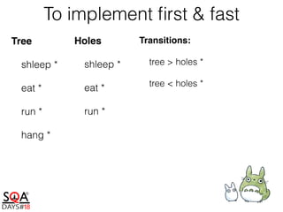 To implement ﬁrst & fast
Tree
shleep *
eat *
run *
hang *
Holes
shleep *
eat *
run *
Transitions:
tree > holes *
tree < holes *
 