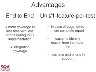 End to End Unit/1-feature-per-test
Advantages
+ more coverage in
less time with less
efforts during POC
implementation
+ integration
coverage
+ in case of bugs, gives
more complete report
+ easier to identify
reason from the report
=>
+ less time and efforts in
support
 
