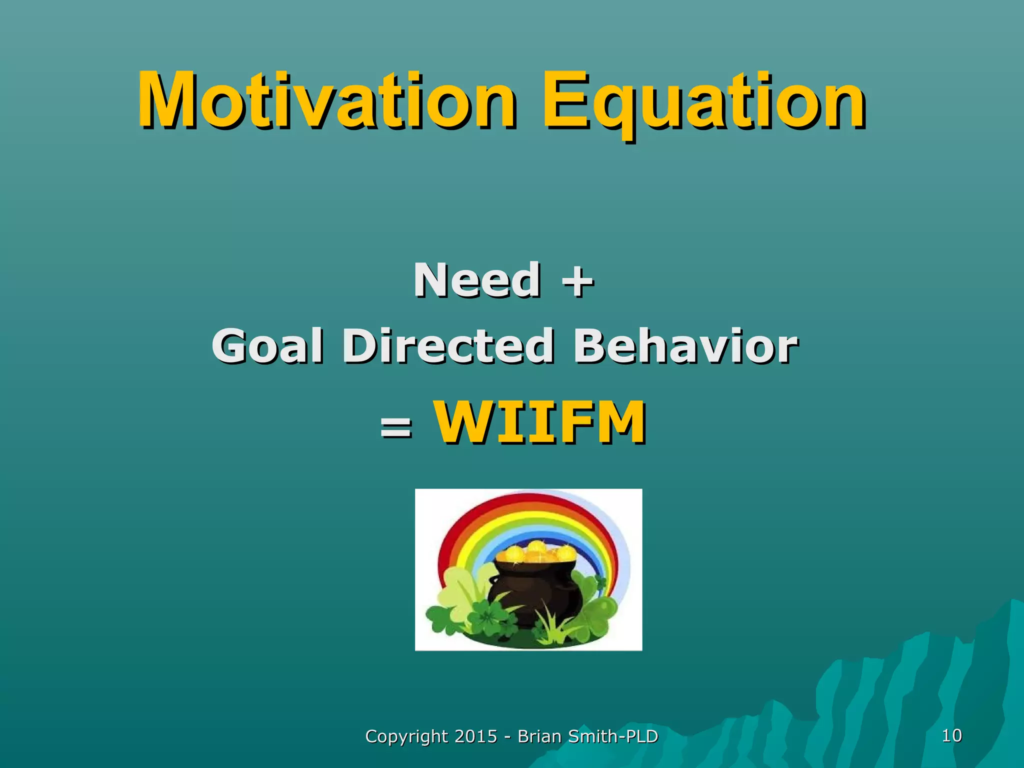 Motivation EquationMotivation Equation
Need +Need +
Goal Directed BehaviorGoal Directed Behavior
== WIIFMWIIFM
Copyright 2015 - Brian Smith-PLDCopyright 2015 - Brian Smith-PLD 1010
 