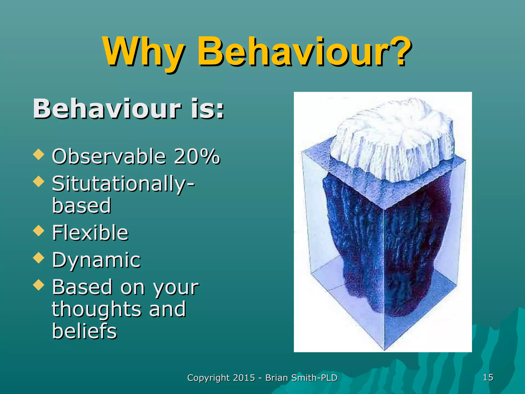 Copyright 2015 - Brian Smith-PLDCopyright 2015 - Brian Smith-PLD 1515
Why Behaviour?Why Behaviour?
Behaviour is:Behaviour is:
 Observable 20%Observable 20%
 Situtationally-Situtationally-
basedbased
 FlexibleFlexible
 DynamicDynamic
 Based on yourBased on your
thoughts andthoughts and
beliefsbeliefs
 