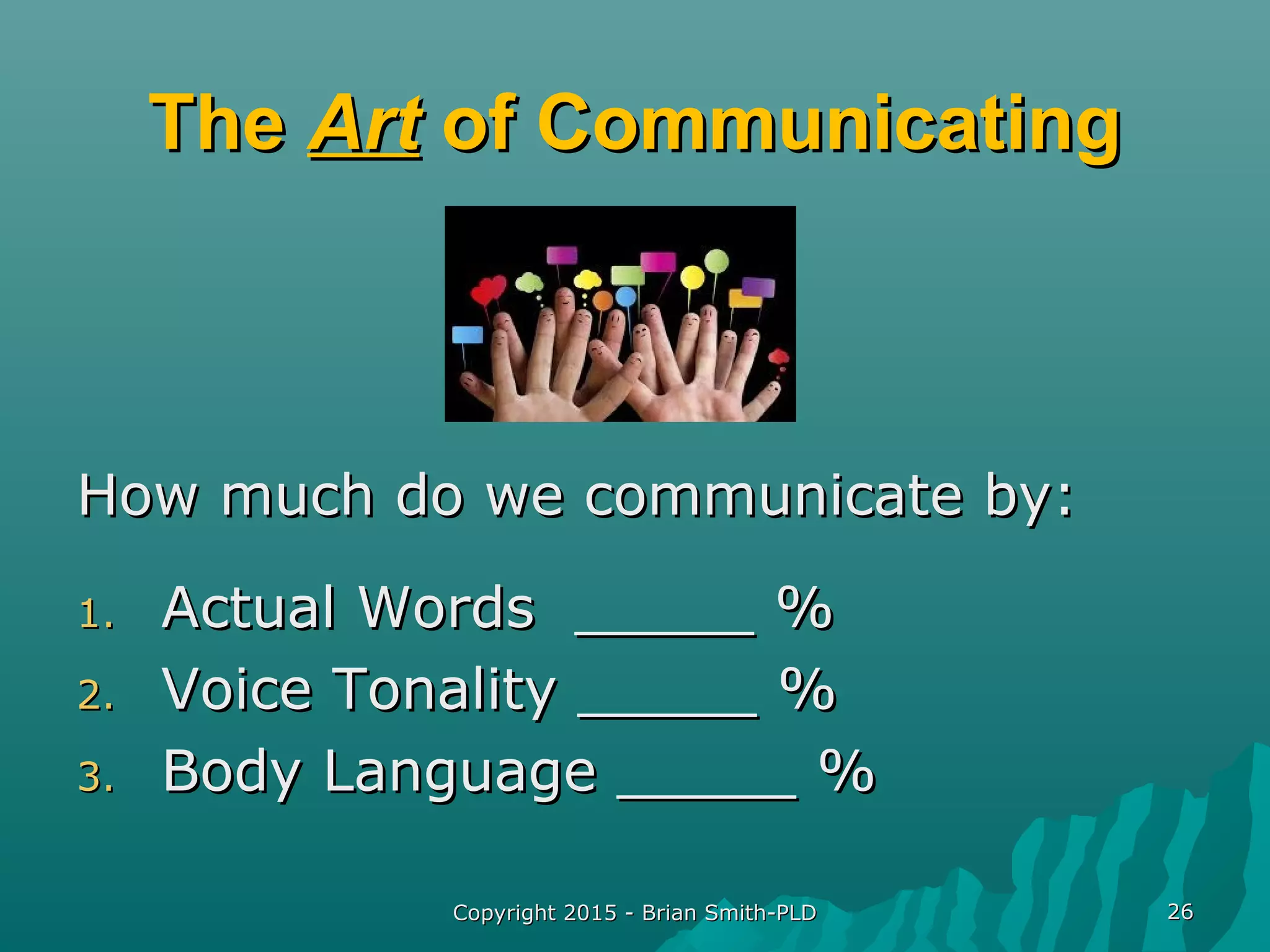 Copyright 2015 - Brian Smith-PLDCopyright 2015 - Brian Smith-PLD 2626
TheThe ArtArt of Communicatingof Communicating
How much do we communicate by:How much do we communicate by:
1.1. Actual Words _____ %Actual Words _____ %
2.2. Voice Tonality _____ %Voice Tonality _____ %
3.3. Body Language _____ %Body Language _____ %
 