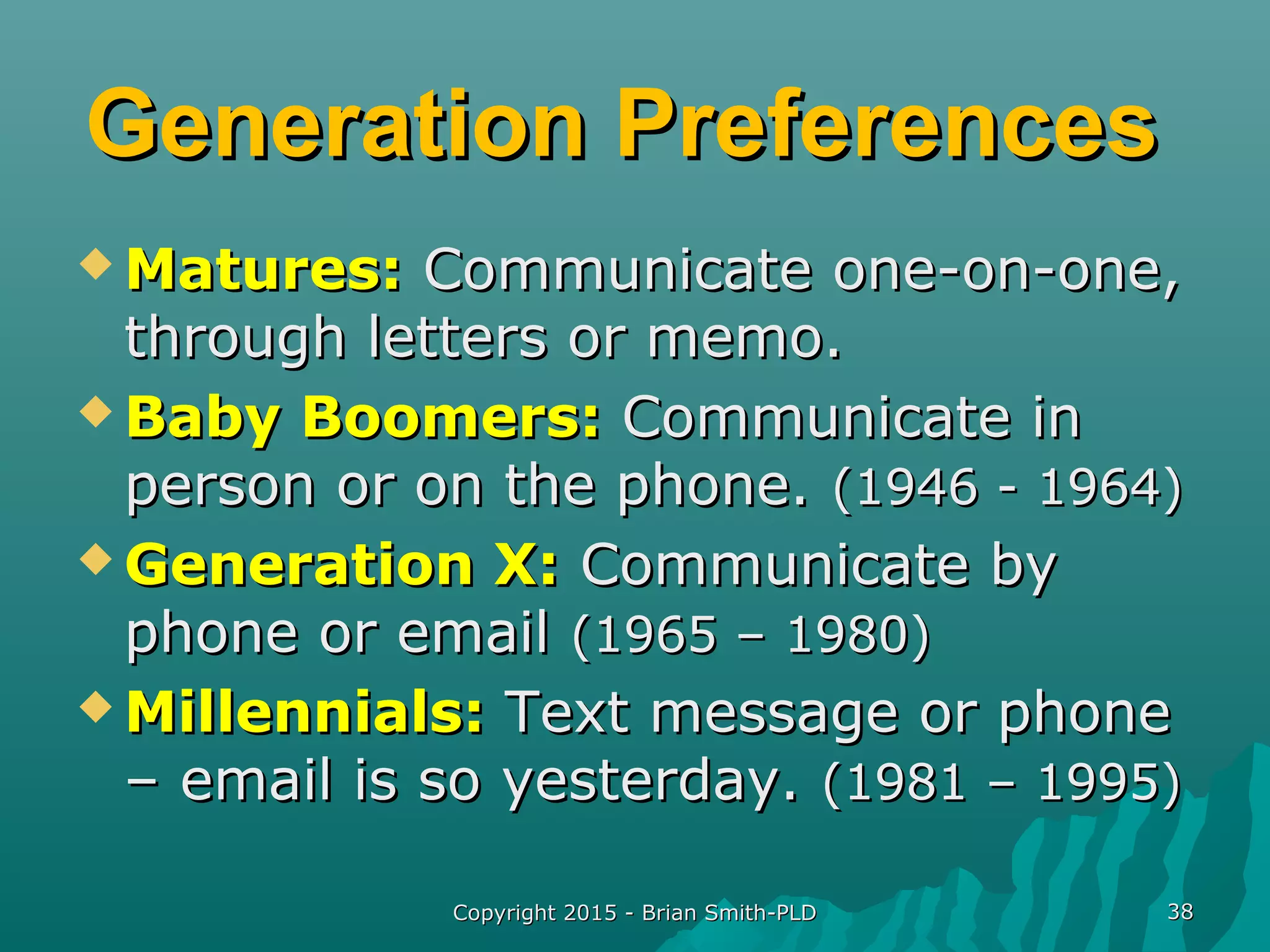 Generation PreferencesGeneration Preferences
 Matures:Matures: Communicate one-on-one,Communicate one-on-one,
through letters or memo.through letters or memo.
 Baby Boomers:Baby Boomers: Communicate inCommunicate in
person or on the phone.person or on the phone. (1946 - 1964)(1946 - 1964)
 Generation X:Generation X: Communicate byCommunicate by
phone or emailphone or email (1965 – 1980)(1965 – 1980)
 Millennials:Millennials: Text message or phoneText message or phone
– email is so yesterday.– email is so yesterday. (1981 – 1995)(1981 – 1995)
Copyright 2015 - Brian Smith-PLDCopyright 2015 - Brian Smith-PLD 3838
 