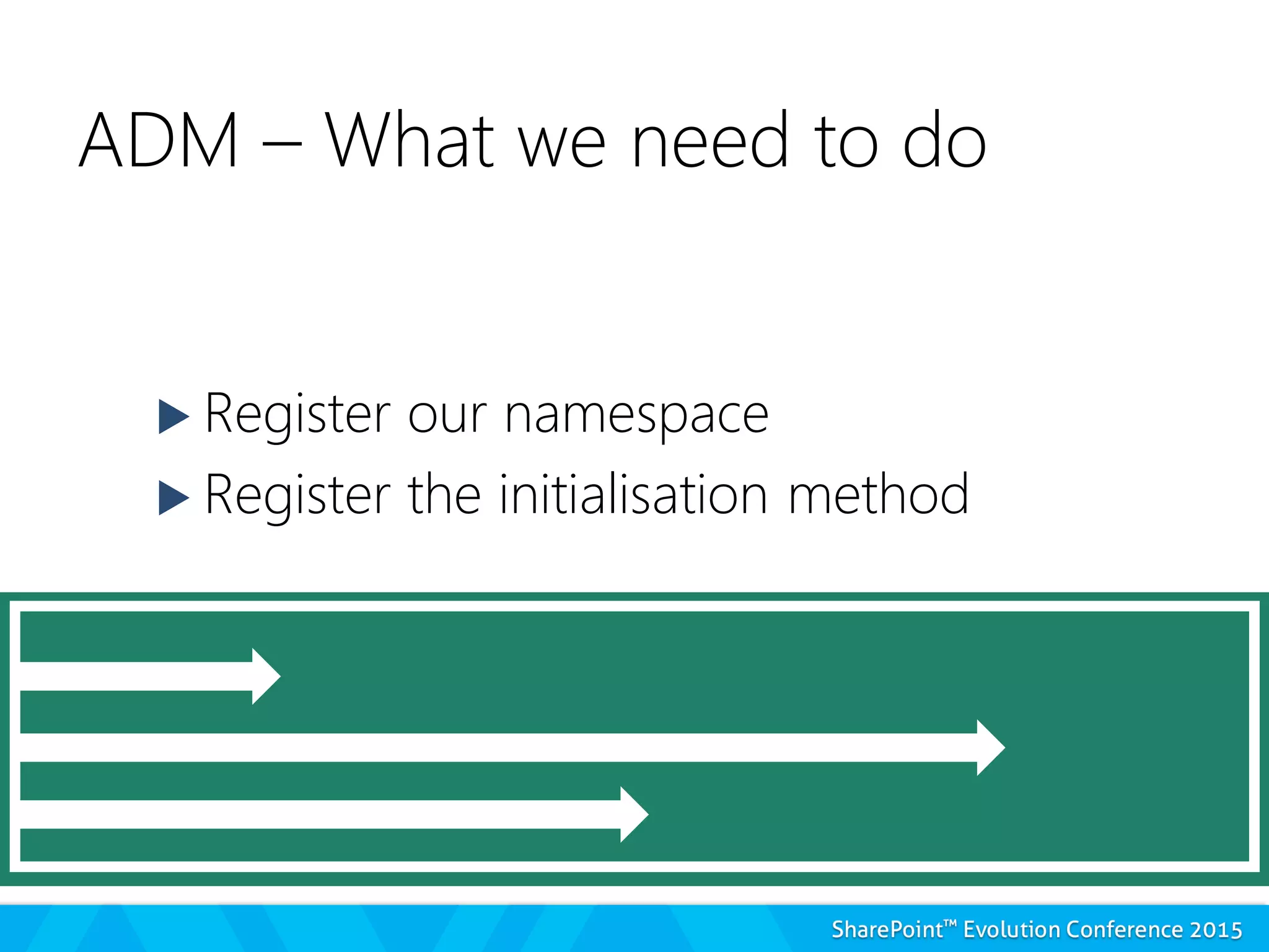 ADM – What we need to do
 Register our namespace
 Register the initialisation method
 