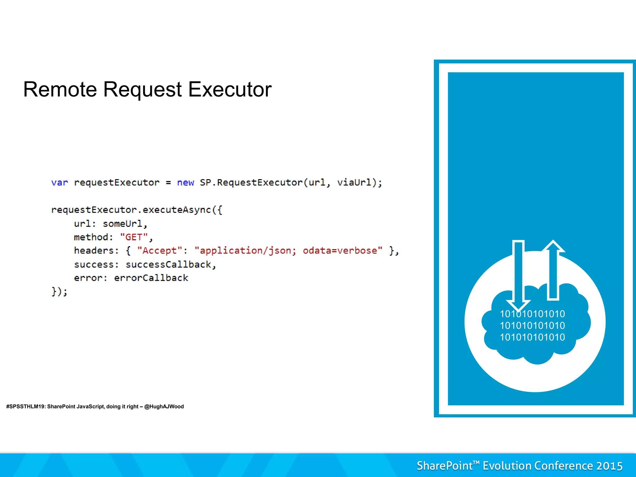 Remote Request Executor
#SPSSTHLM19: SharePoint JavaScript, doing it right – @HughAJWood
 