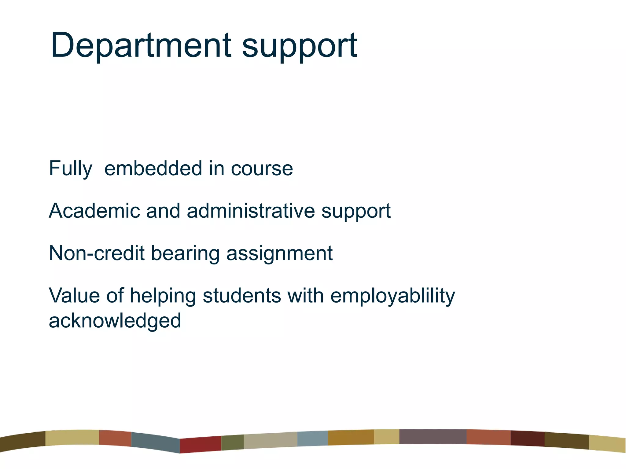 Department support
Fully embedded in course
Academic and administrative support
Non-credit bearing assignment
Value of helping students with employablility
acknowledged
 