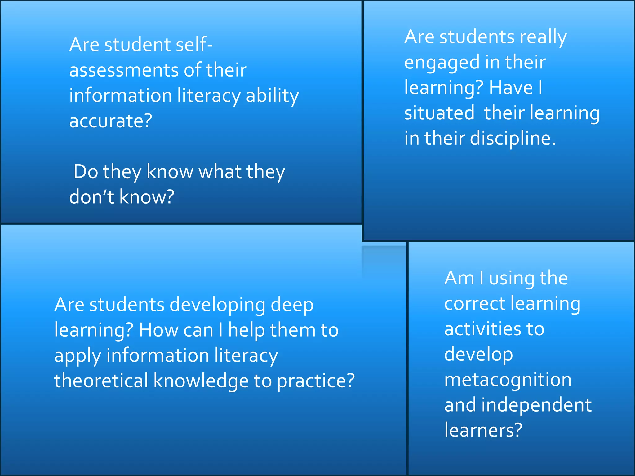 Are student self-
assessments of their
information literacy ability
accurate?
Do they know what they
don’t know?
Are students really
engaged in their
learning? Have I
situated their learning
in their discipline.
Are students developing deep
learning? How can I help them to
apply information literacy
theoretical knowledge to practice?
Am I using the
correct learning
activities to
develop
metacognition
and independent
learners?
 