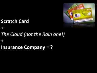  
Scratch	
  Card	
  	
  
+	
  	
  
The	
  Cloud	
  (not	
  the	
  Rain	
  one!)	
  
+	
  	
  
Insurance	
  Company	
  =	
  ?	
  
 